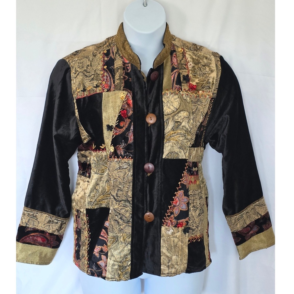Velvet Brocade Patchwork Embroidered Jacket Size M Black Gold Cotton Blend Fall